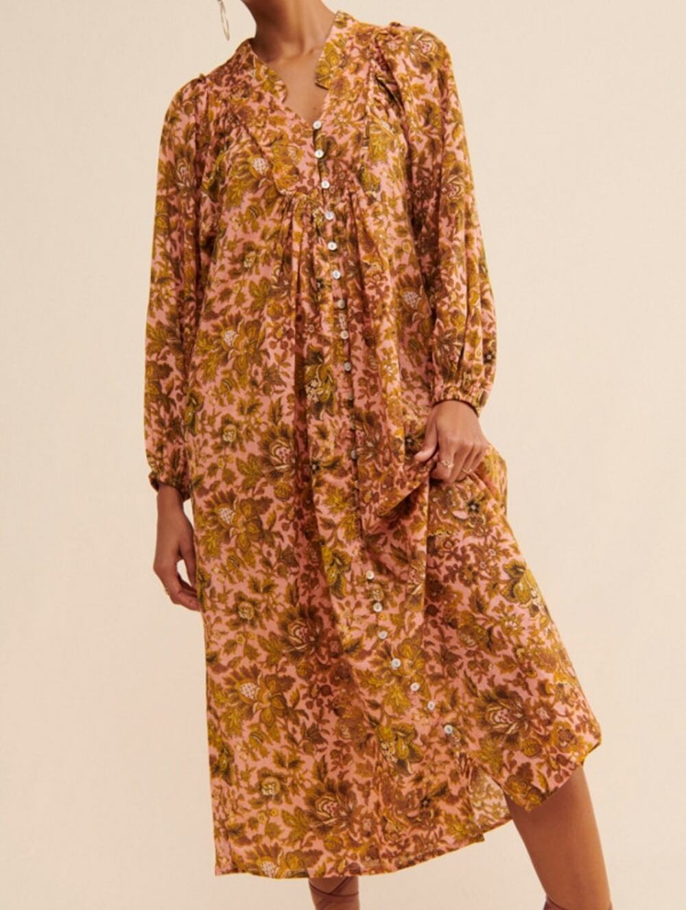 Kinga Csilla Calista Floral Midi Dress Sz S Boho Cotton Anthropologie Peasant